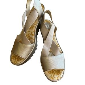 Fly London Women’s Silver Slingback Leather Sandals wedge Coastal Lug sole SZ 40